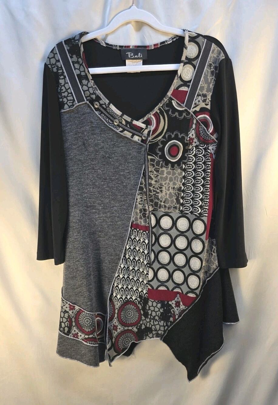 Vintage Bali Women's Medium Tunic Shirt Gray Black 3/4 Sleeves Artsy Patchwork